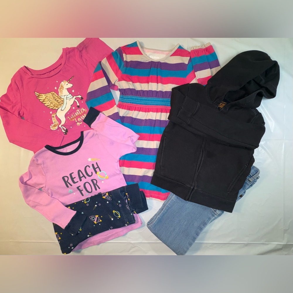 GUC Bundle: Unicorn Tee, Striped Dress, Sweatshirt, Blue Jeans, Space Pajamas
